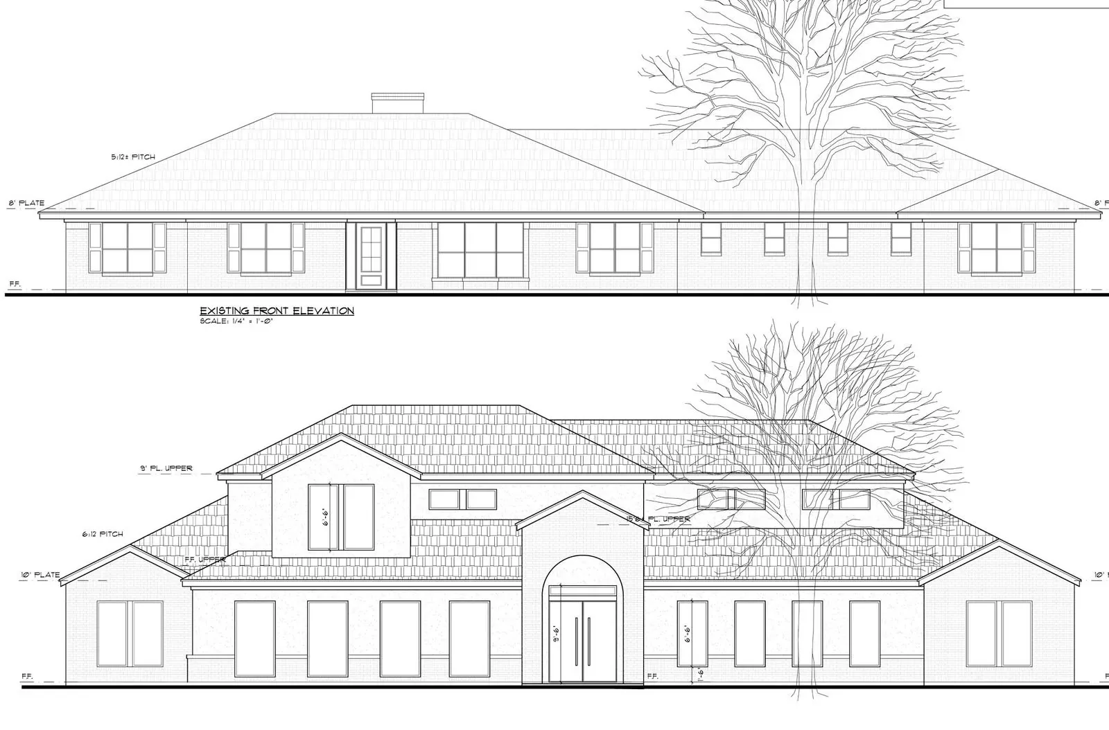 Existing and proposed front elevations for a custom home plan